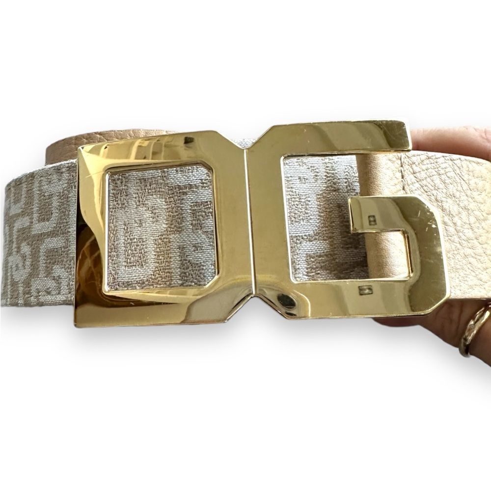 Dolce & Gabbana NWOT Y2K Tan Monogram Leather thick belt large Logo Gold Buckle